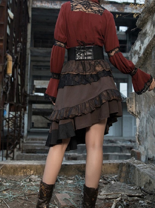 Steampunk Medieval High Waist Lace Ruffle Stitching Irregular Hem Short Skirt