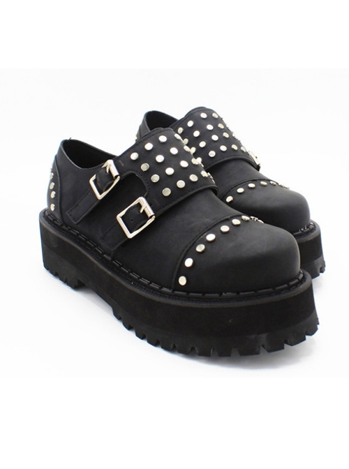 Steampunk Gothic Black Thick Soles Rivet Women's Round-toe Velcro Platform Shoes
