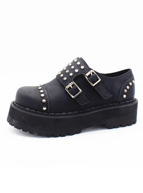 Steampunk Gothic Black Thick Soles Rivet Women's Round-toe Velcro Platform Shoes