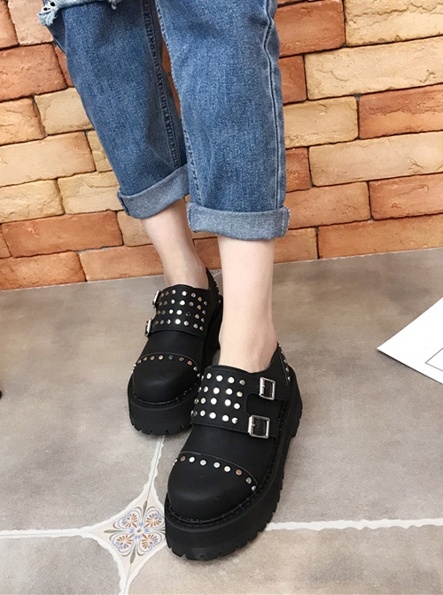 Steampunk Gothic Black Thick Soles Rivet Women's Round-toe Velcro Platform Shoes