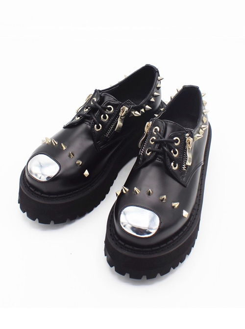 Punk Gothic Rivet And Zipper Black Women's Round-toe Platform Shoes