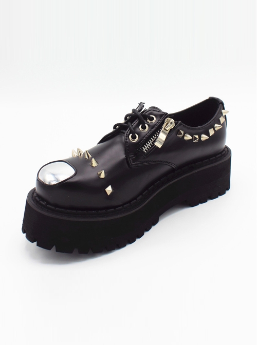 Punk Gothic Rivet And Zipper Black Women's Round-toe Platform Shoes