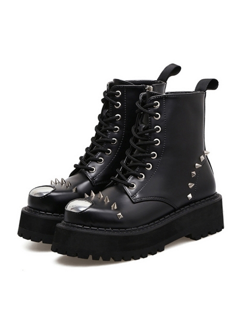 Black Rivet Punk Thick Sole Women's Round-toe Martin Boots