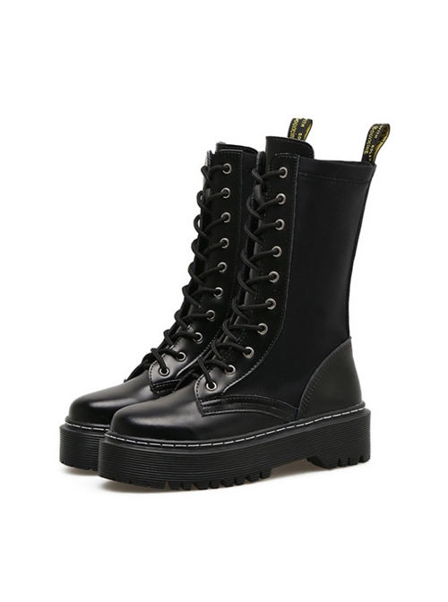 Punk Black Zipper High-top Thick Sole Women's Round-toe Middle Barrel Boots