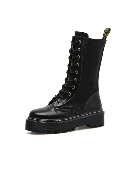 Punk Black Zipper High-top Thick Sole Women's Round-toe Middle Barrel Boots