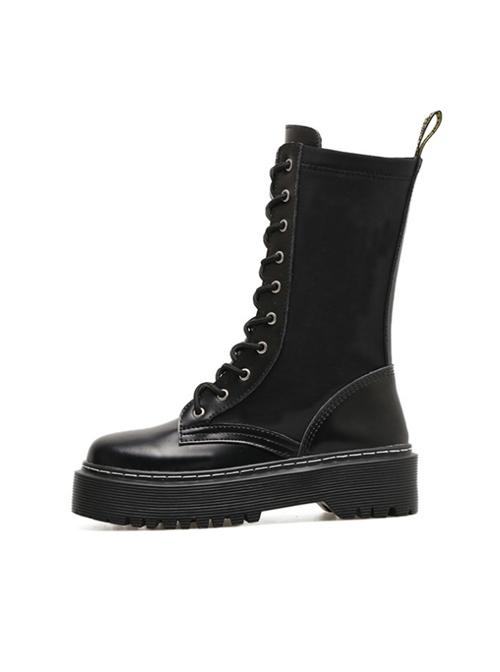 Punk Black Zipper High-top Thick Sole Women's Round-toe Middle Barrel Boots