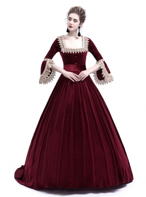 Victorian Velvet Marie Antoinette Queen Wine Red Theatrical Ball Dress