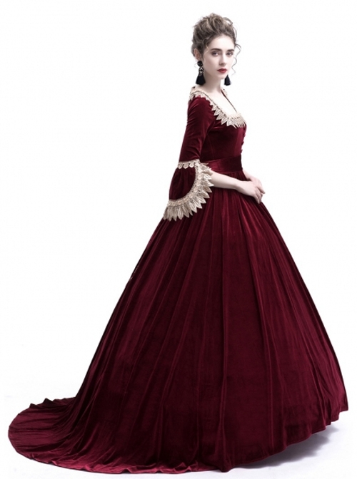 Victorian Velvet Marie Antoinette Queen Wine Red Theatrical Ball Dress
