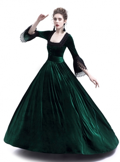 green emerald velvet dress Marie Antoinette Rococo Style Dress in Green and Blue Floral Brocade w –  WonderlandByLilian main image 0