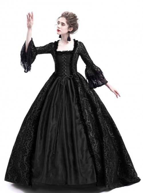 Gothic Victorian Black Square-neck Masked Ball Dress
