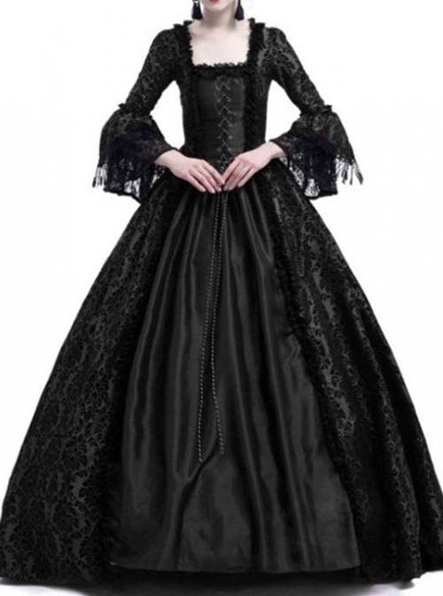 Gothic Victorian Black Square-neck Masked Ball Dress