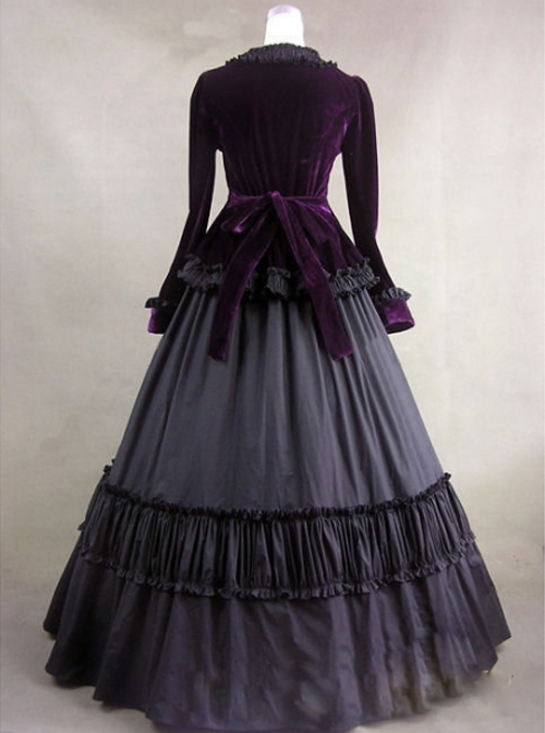 Gothic Victorian Purple Velvet Long Sleeves Ball Dress - Magic Wardrobes