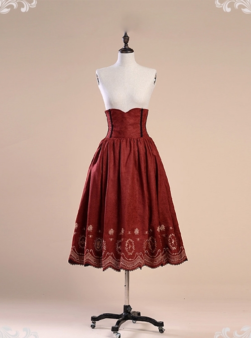 Victorian Palace Style Retro High Waist Fish-bone Embroidery Big Hem Skirt