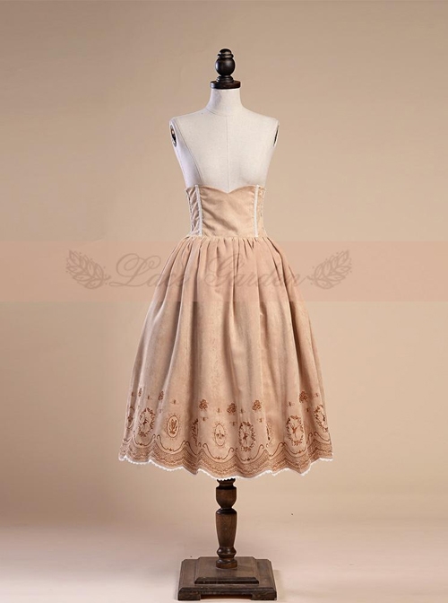 Victorian Palace Style Retro High Waist Fish-bone Embroidery Big Hem Skirt