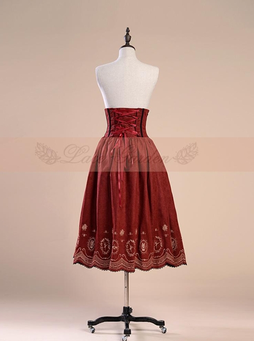 Victorian Palace Style Retro High Waist Fish-bone Embroidery Big Hem Skirt