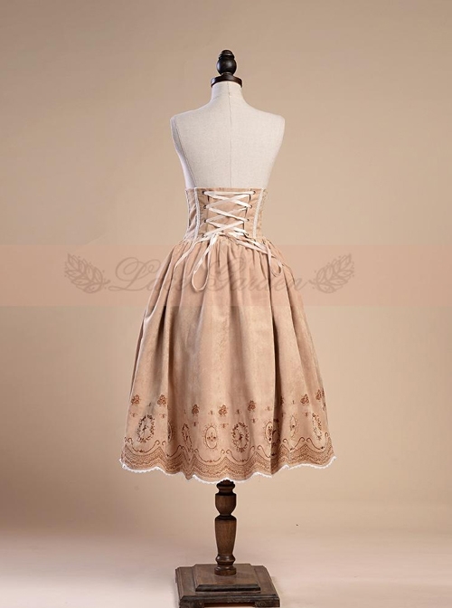 Victorian Palace Style Retro High Waist Fish-bone Embroidery Big Hem Skirt