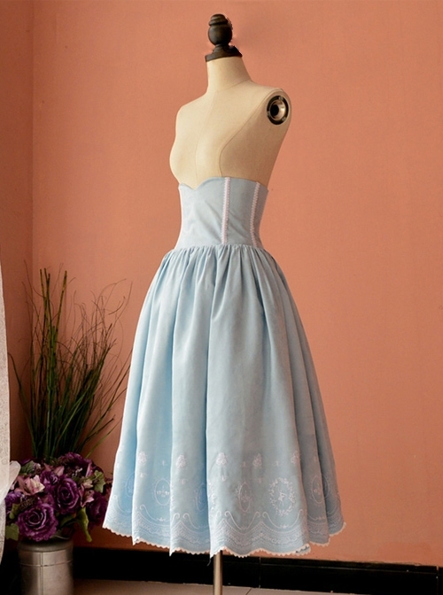 Victorian Retro Light Blue High Girdle Embroidery Big Hem Skirt
