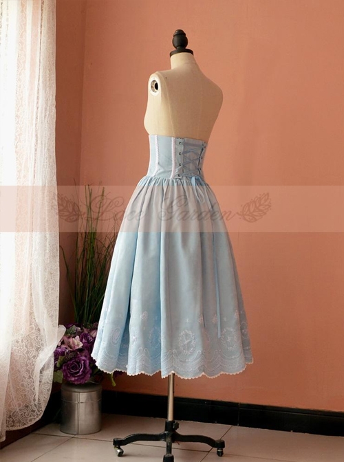 Victorian Retro Light Blue High Girdle Embroidery Big Hem Skirt