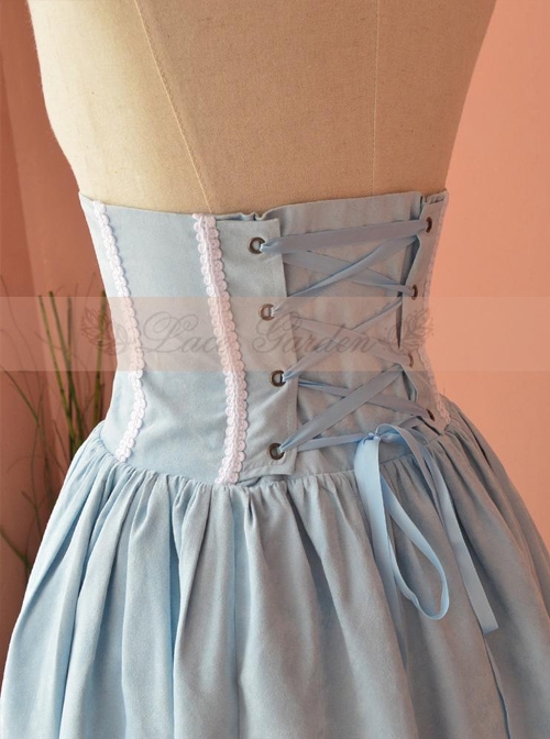Victorian Retro Light Blue High Girdle Embroidery Big Hem Skirt