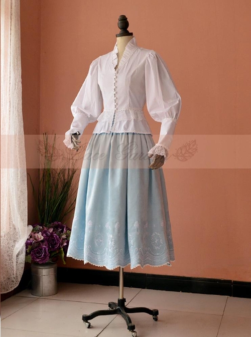 Victorian Retro Light Blue High Girdle Embroidery Big Hem Skirt