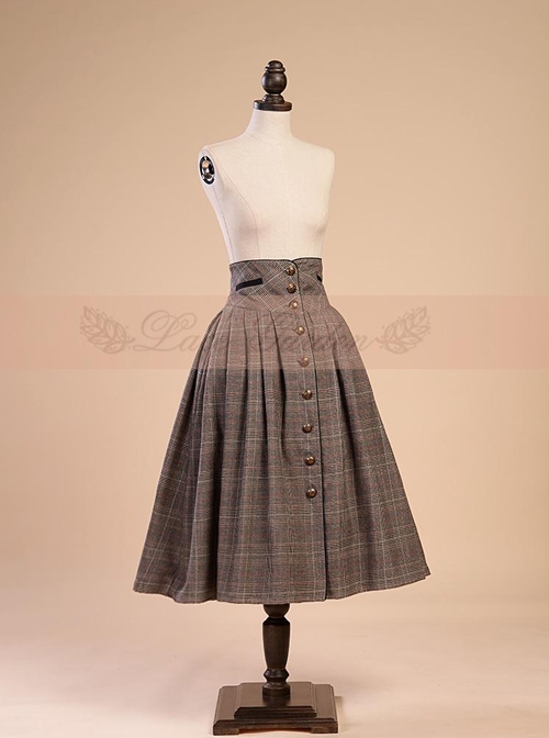 Victorian Palace Style Retro High Girdle Buttons Brown Big Hem Skirt