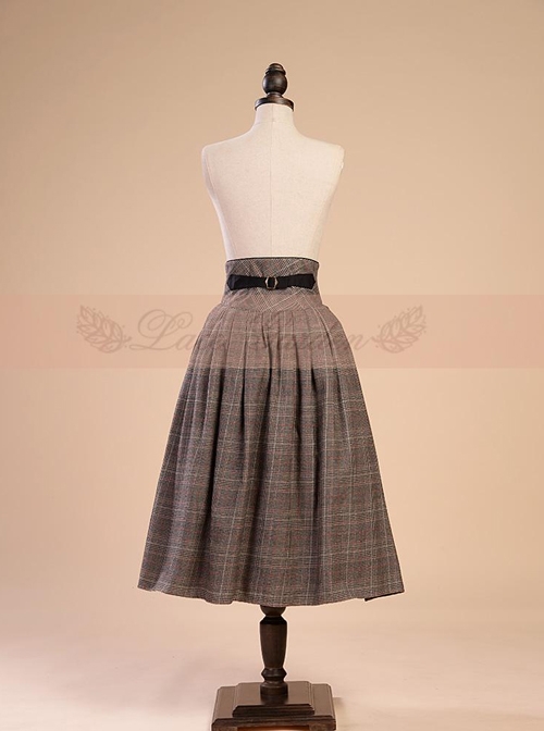 Victorian Palace Style Retro High Girdle Buttons Brown Big Hem Skirt