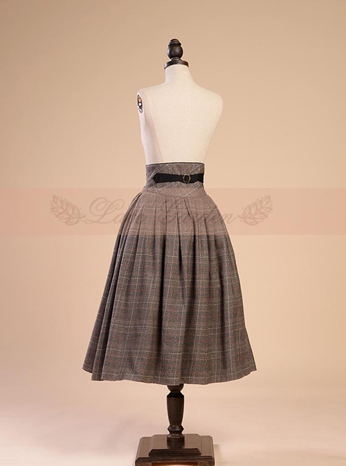 Victorian Palace Style Retro High Girdle Buttons Brown Big Hem Skirt