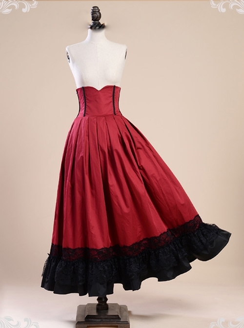 Victorian Palace Style Retro Fish-bone Girdle Wine Red Big Hem Skirt
