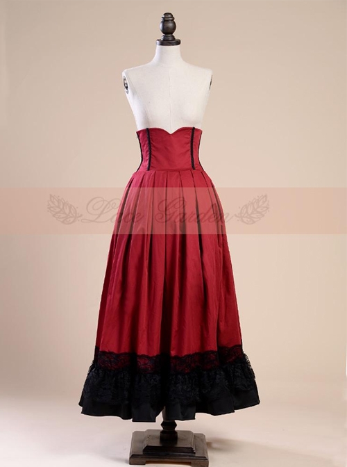 Victorian Palace Style Retro Fish-bone Girdle Wine Red Big Hem Skirt