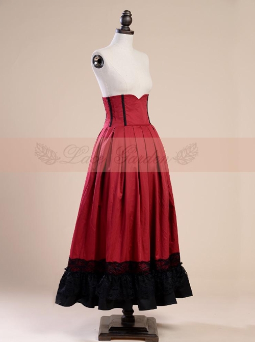 Victorian Palace Style Retro Fish-bone Girdle Wine Red Big Hem Skirt