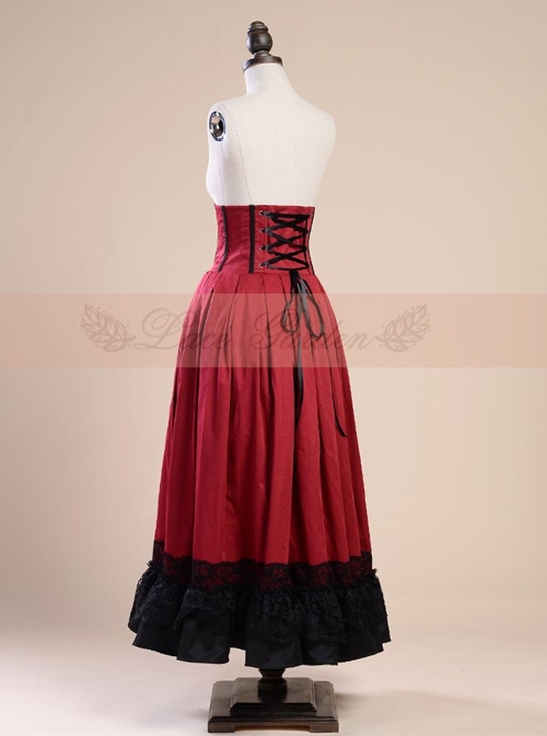 Victorian Palace Style Retro Fish-bone Girdle Wine Red Big Hem Skirt