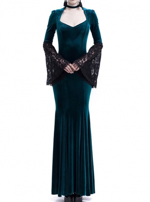 Victorian Gothic Blue Velvet Black Lace Dark Queen Dress