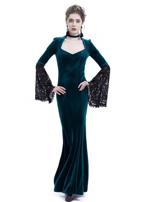 Victorian Gothic Blue Velvet Black Lace Dark Queen Dress