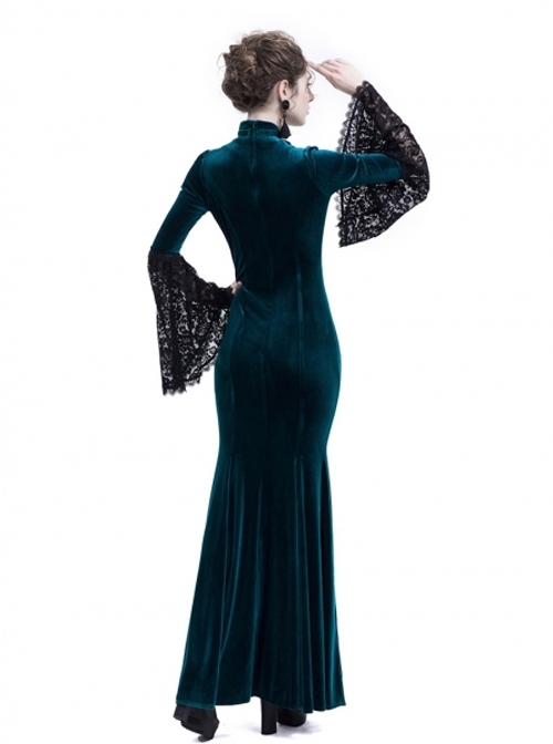 Victorian Gothic Blue Velvet Black Lace Dark Queen Dress