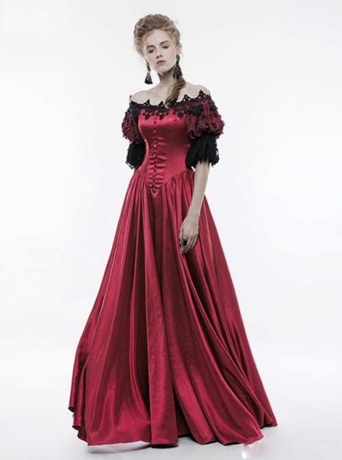 Victorian Palace Style Retro Red Long Ball Dress