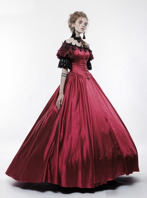 Victorian Palace Style Retro Red Long Ball Dress