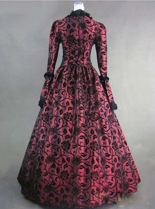 Victorian Marie Antoinette Wine Red and Black Masked Ball Dress