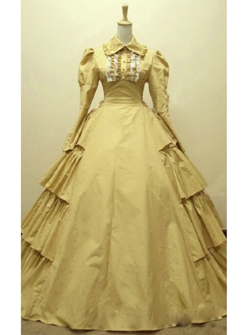 Victorian Classic Gothic Yellow Cotton Long Sleeves Dress - Magic Wardrobes Victorian Classic Gothic Yellow Cotton Long Sleeves Dress - Magic Wardrobes