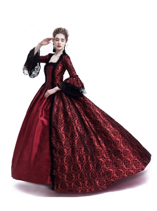 Gothic Red Satin Black Lace Masquerade Costume Victorian Dress