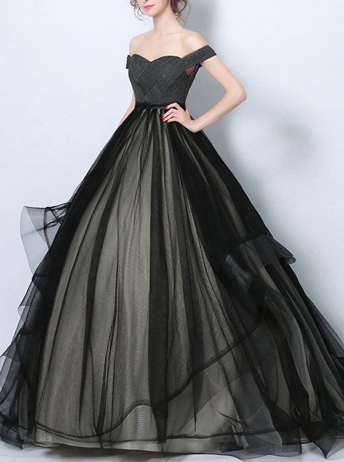 Gothic Black And White Tulle Off Shoulder Wedding Dress