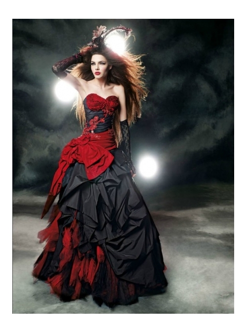 Gothic Red And Black Taffeta Tulle Wedding Dress
