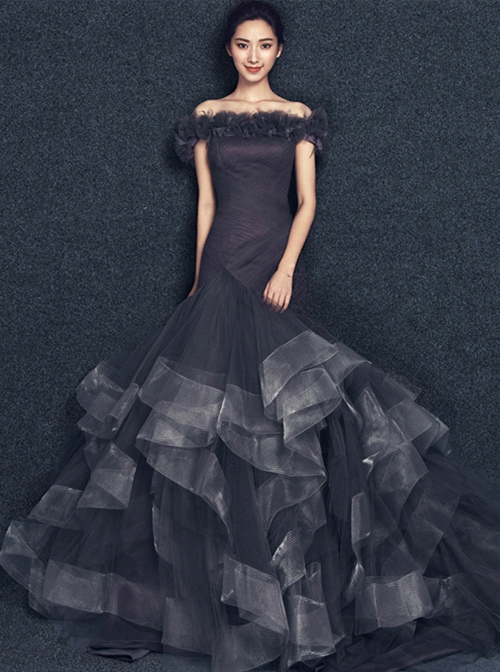 Gothic Concise Gray Off Shoulder Fish Tail Wedding Dress