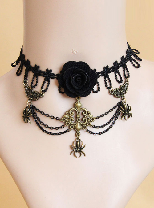 Black Rose Spider Pendant Gothic Necklace