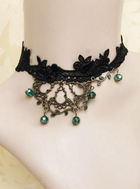 Gothic Bronze Twigs Black Lace Necklace