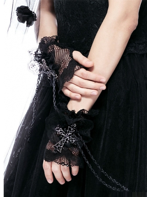 Gothic Black Lace Cross and Chain Women's Gloves