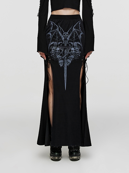 Black Stretch-Knit Paneled Sheer Mesh Side Eyelets Gothic Skull Print ...