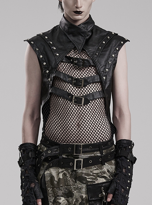 Sexy Black Micro Elastic Rubber Spliced Mesh Wide Shoulder Metal Studs  Embellished With Punk Style See Through Vest - Magic Wardrobes