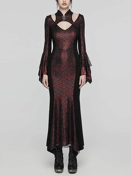 Gothic V-collor Print Mesh Stitching Long Sleeve Dress