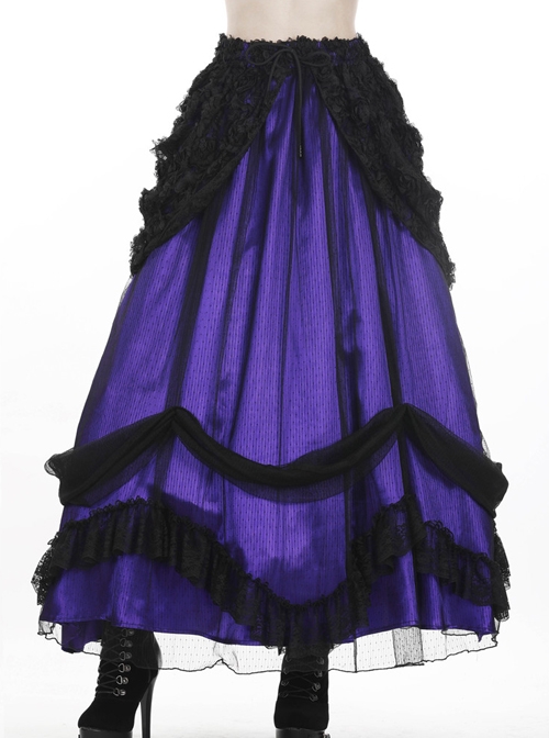 Purple Gothic Lace-Up Lace Mesh Frill Satin Long Skirt - Magic Wardrobes