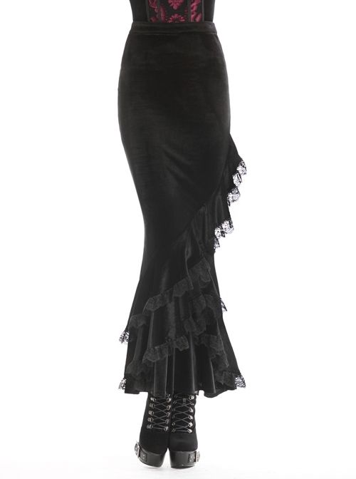 Lace Frill Lace-Up Black Gothic Velvet Long Skirt - Magic Wardrobes